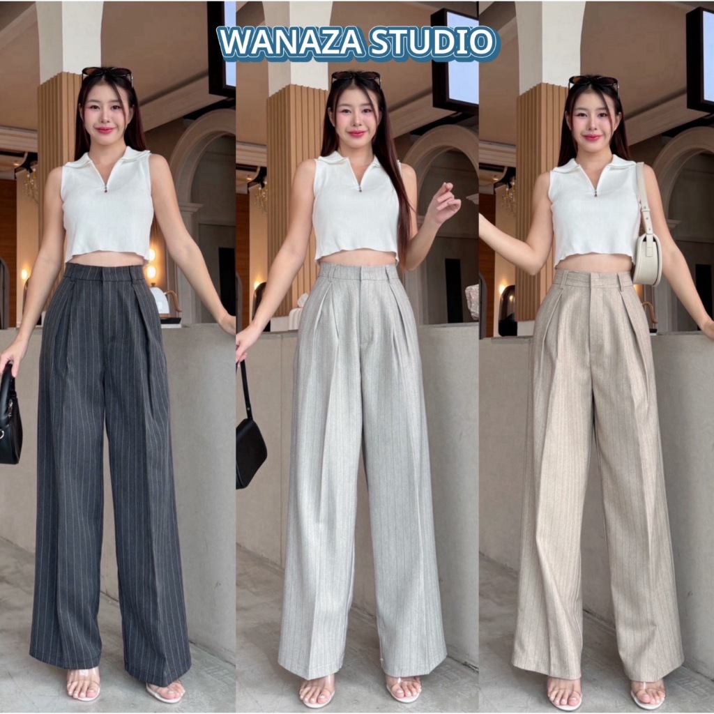 WT32 รุ่น Rita Pants จีบทวิดด้านหน้า กระเป๋าหลังเก๋ (ผ้าริ้วญี่ปุ่น) กางเกงขากระบอก กลาง กางเกงเอวสูง ผู้หญิง ใส่ทำงาน