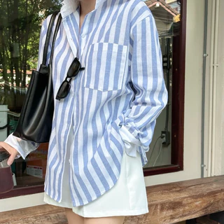BLUE STRIPED SHIRT เสื้อเชิ้ตลายทางผู้หญิง Oversize แขนยาวเกาหลี เสื้อคลุมผู้หญิง ใส่เที่ยวใส่ทำงาน เนื้อดี ทรงสวย
