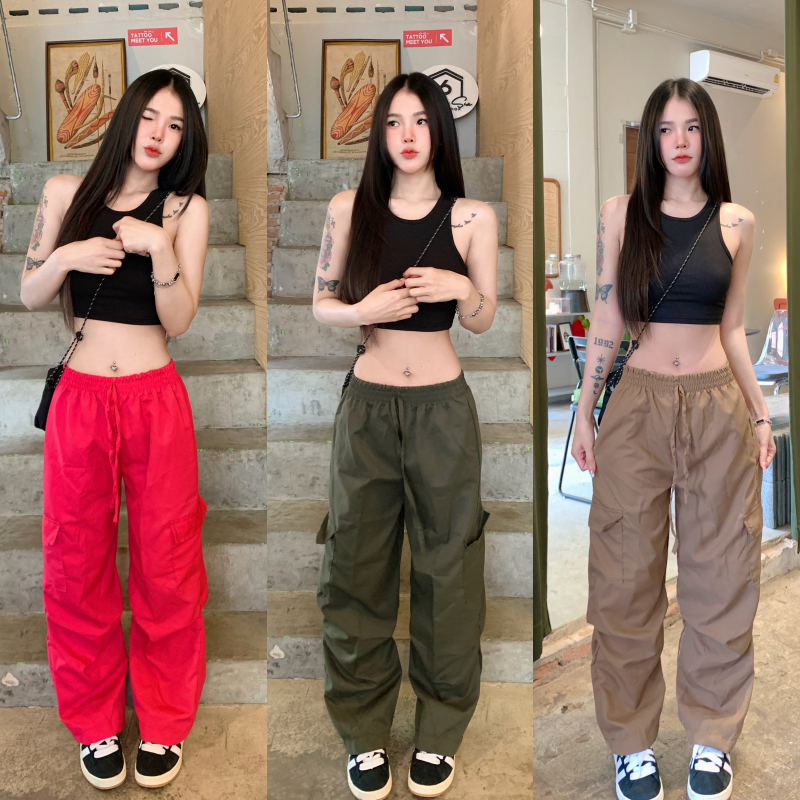 กางเกงขากระบอกตรง ดีเทลย่นข้าง ทรงสวย ผ้าไมโคร ทรงโคร่ง สไตล์y2k พร้อมส่ง รุ่น คาร์โก้ย่นข้าง