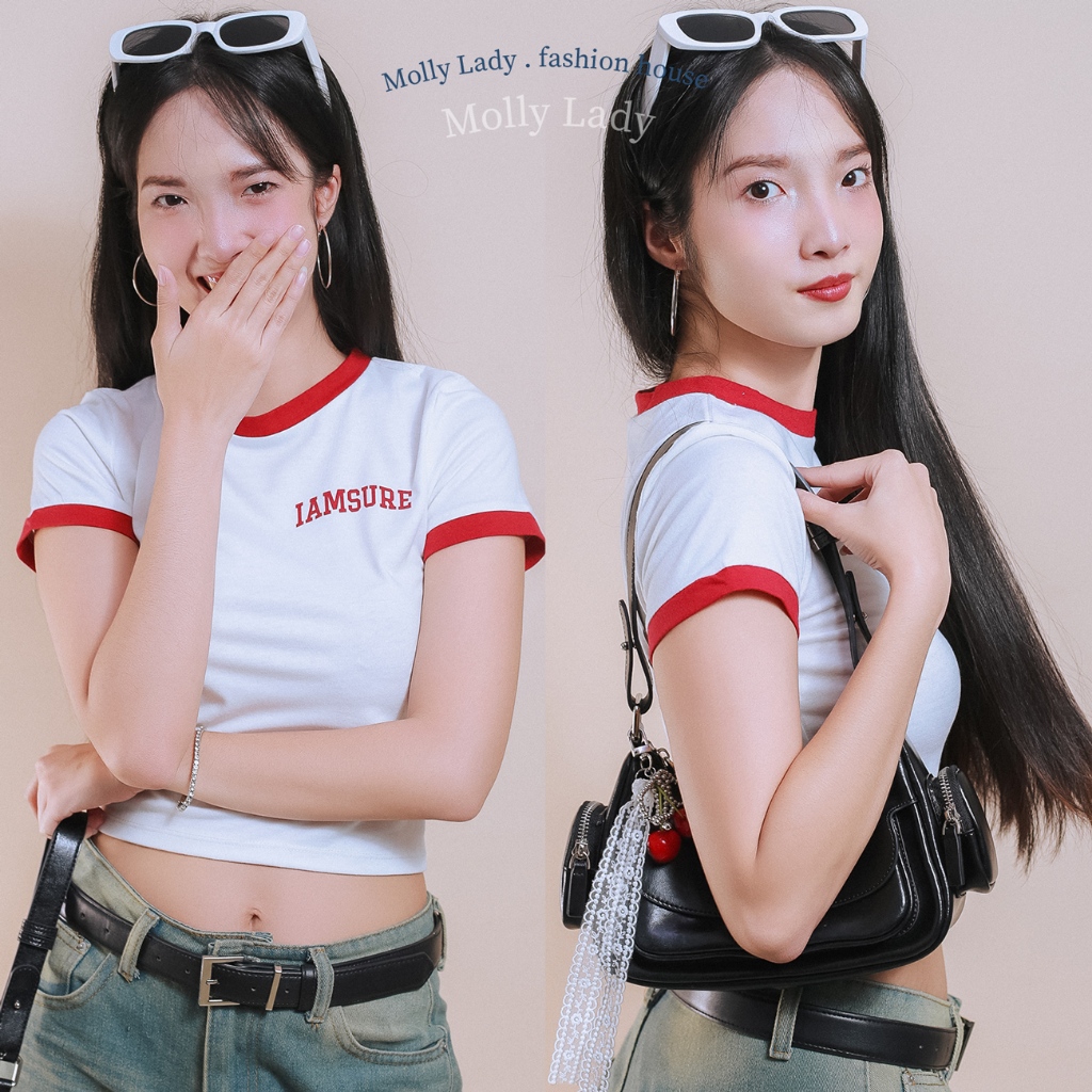 Molly Lady เสื้อยืดคอกลมสีขาวตัดขอบสีแดง ข้อความ iamsure ผ้าฝ้ายทรงพอดีตัว/Baby Tee, T-shirt