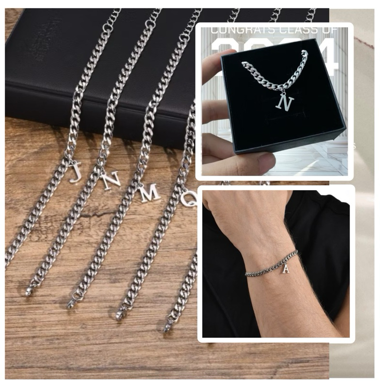 สร้อยข้อมือโซ่ สเตนเลส จี้ตัวอักษร A-Z ไม่ลอกไม่ดำ สีเงิน พร้อมกล่อง