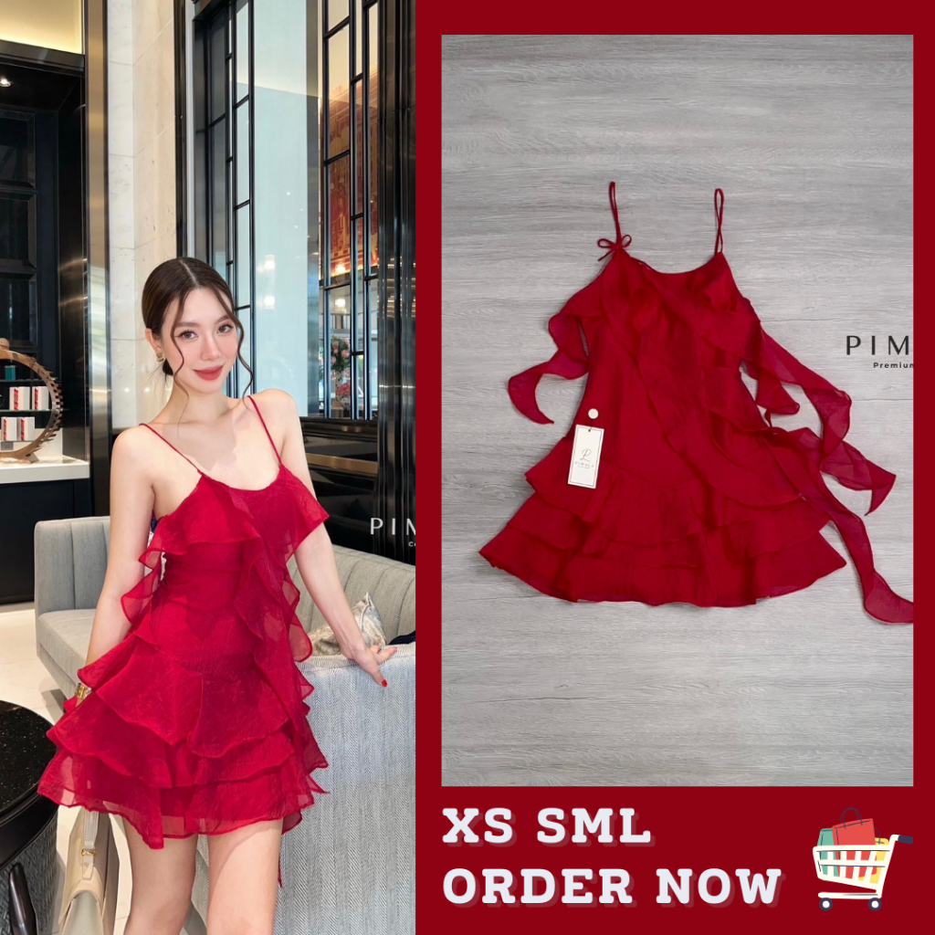 XS-L Dress มินิเดรสสายเดี่ยวสีแดง แต่งระบาย งานป้าย Pimala เดรสปาร์ตี้ เดรสแดง เดรสน่ารัก