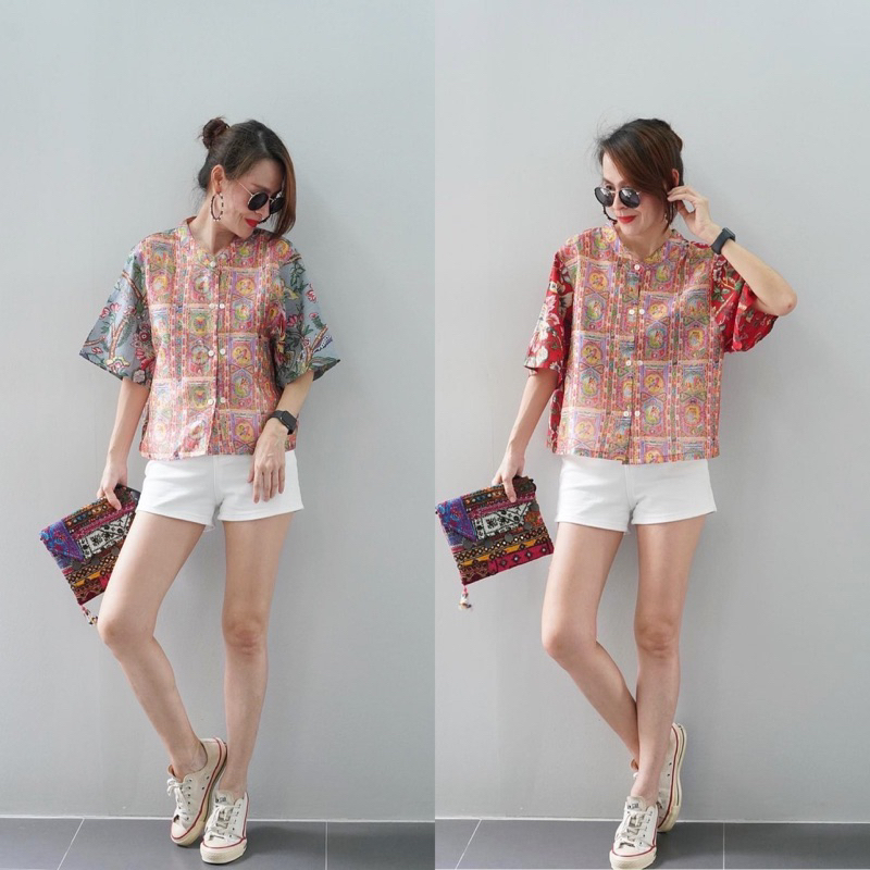 เสื้อคอตตอนอินเดียคอปีนแขนสั้น ผ่าหน้าติดกระดุม​2แถว ป้าย Perfect Style