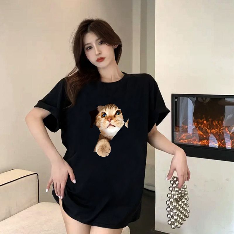 Y-T🐱T-เสื้อ ผ้าฝ้าย 100% นุ่มมาก ไม่มีการยืด ไม่จำกัดเพศ เสื้อยืดแขนสั้น พิมพ์ "ลูกแมวน่ารัก" S-4XL