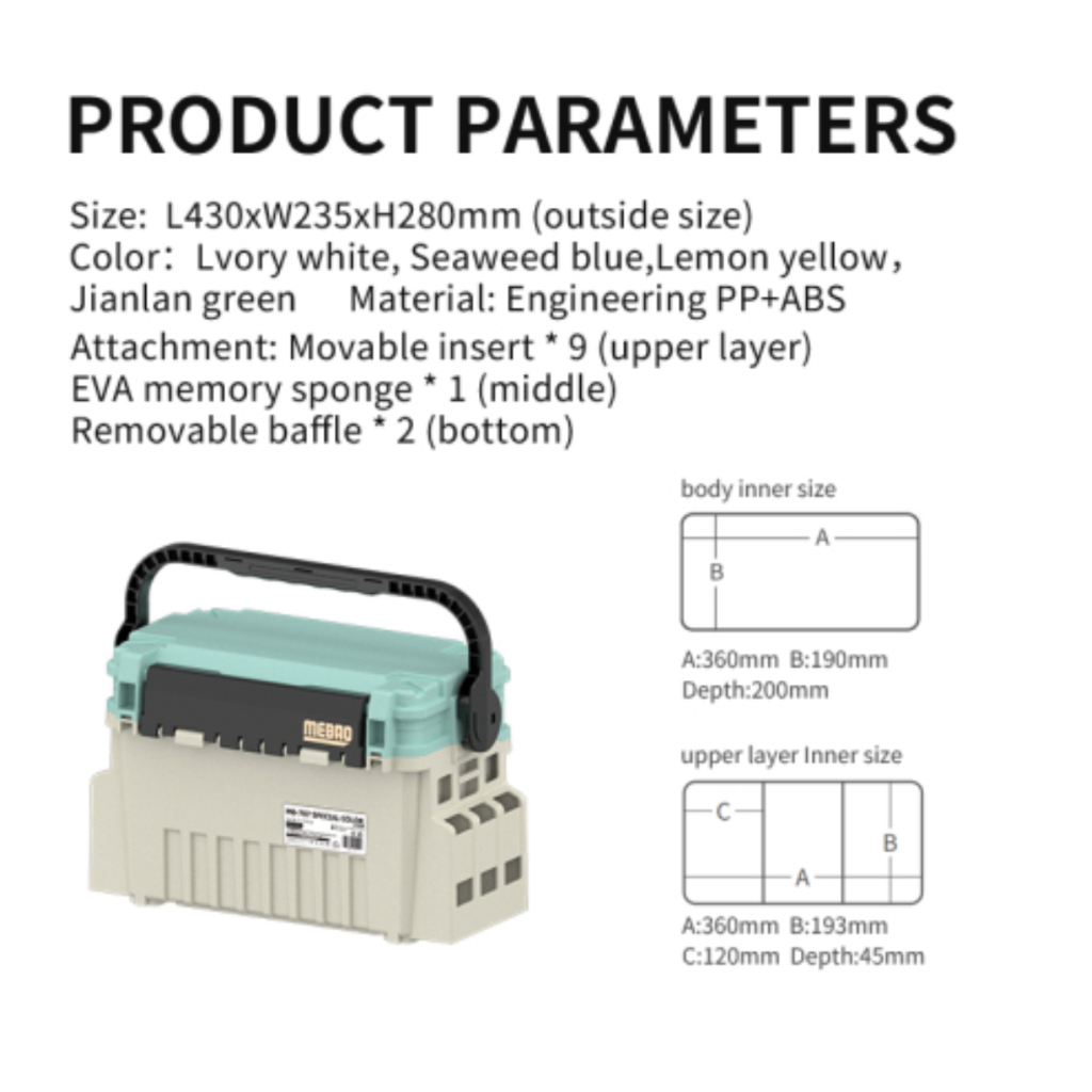 กล่อง Pro-Hunter x MEBAO รุ่น model MB-707 กว้าง 42 x ยาว 23 x สูง 28 cm มี 3 สีให้เลือก เขียว / เทาเหลือง / ฟ้าสาหร่าย