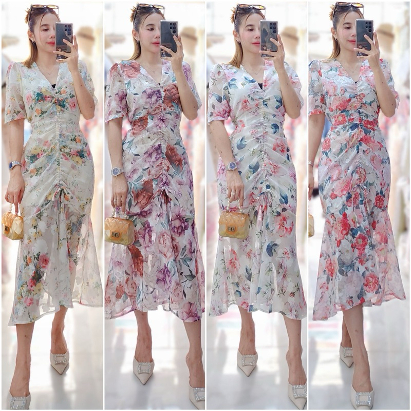 Best Seller เดรสยาวหางปลารูดหน้าผ้าชีฟองออแกนดี้ปักลายดอกไม้หุ่นสับมาก#Maisie Shop