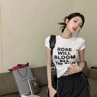 Beryl 🌻 เสื้อยืดแขนสั้นพิมพ์ลายตัวอักษรย้อนยุคสไตล์อเมริกัน เสื้อตัวสั้นเซ็กซี่สำหรับสาวฮอต