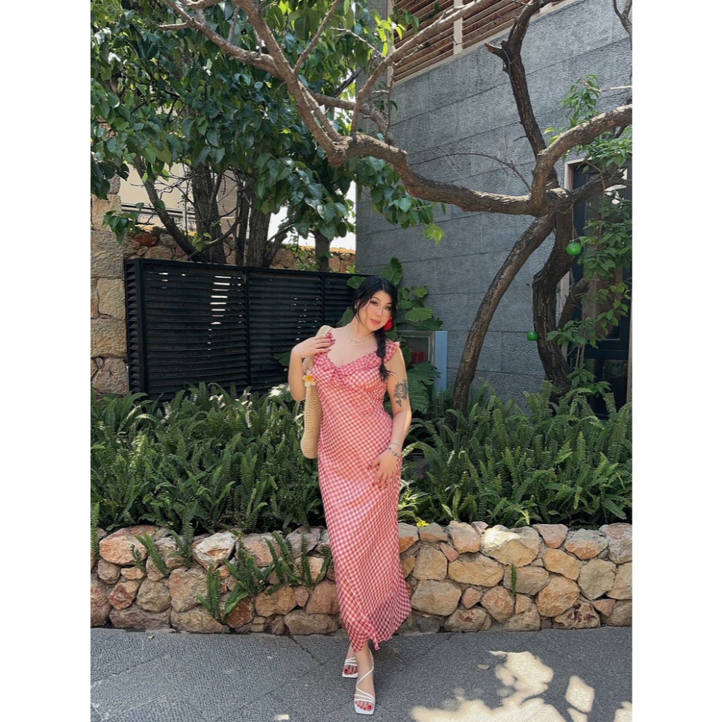 CiCi Plus+ (3339) เดรสสายเดี่ยวยาวลายสก๊อตแต่งระบายพร้อมเชือกผูกโบว์ด้านหน้า มีซิปข้าง มีซับใน เหมาะสำหรับสาวพลัสไซส์ - รูปที่ 4