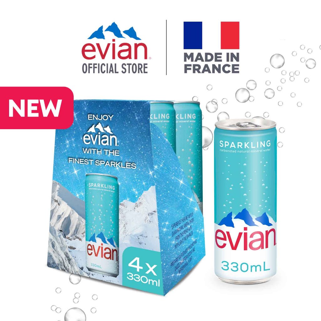 [แพ็ค 4] Evian Sparkling Can 330ml. เอเวียง สปาร์คกิ้ง กระป๋อง 330มล. รวม 4 กระป๋อง