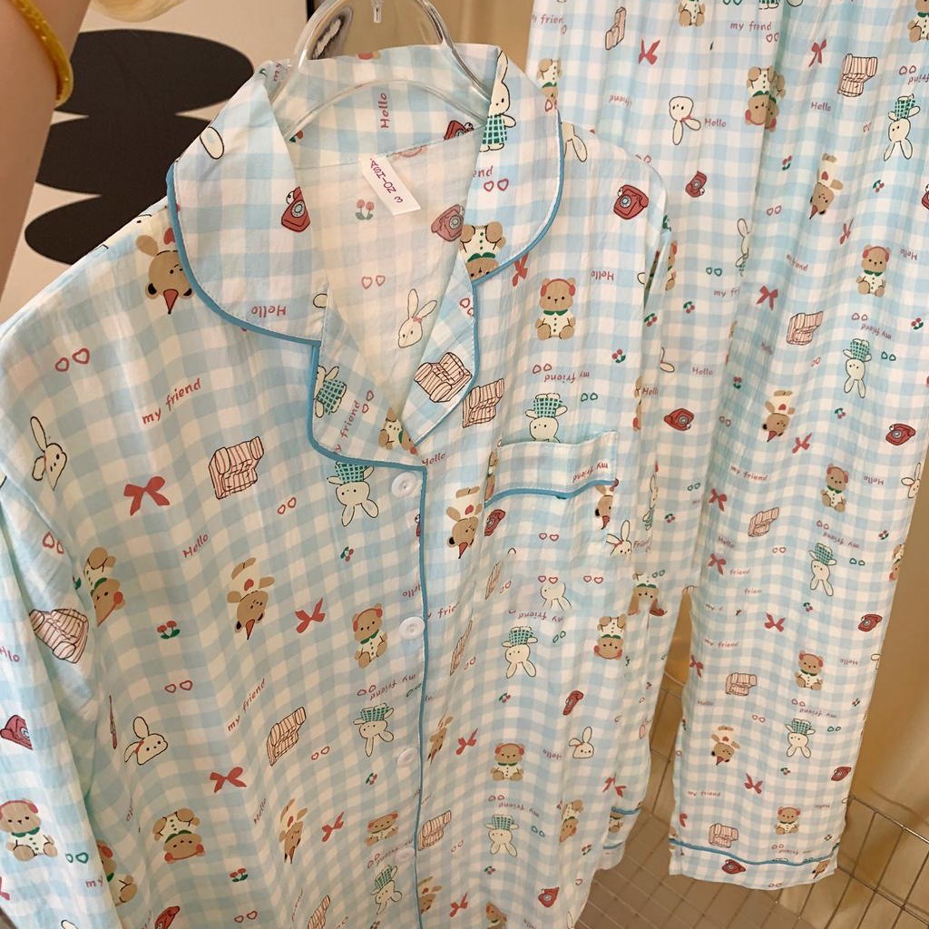 ชุดนอนน่ารัก ลายหมีกระต่ายสีฟ้าตาราง งานผ้าไหมญี่ปุ่น นุ่มใส่สบายไม่ร้อน