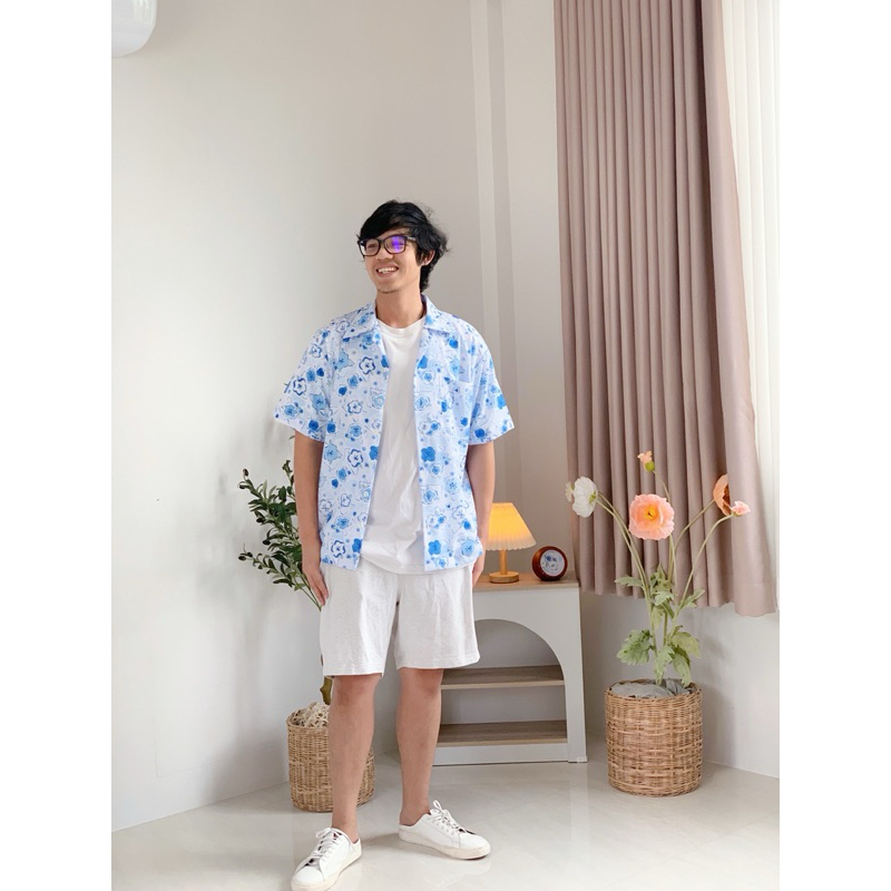 Love letter Dad shirt เสื้อเชิ้ตผู้ชาย สีฟ้า ลายดอกไม้ออกแบบแบรนด์ babyfriends