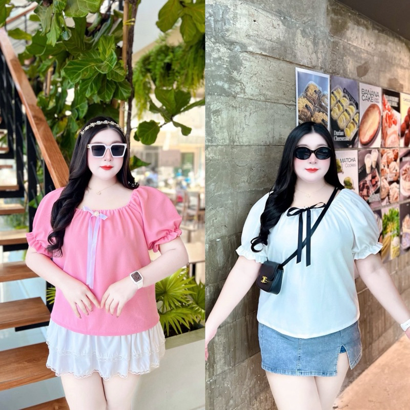 เสื้อแขนตุ๊กตาแต่งโบว์สาวอวบออ้วนอก52-62