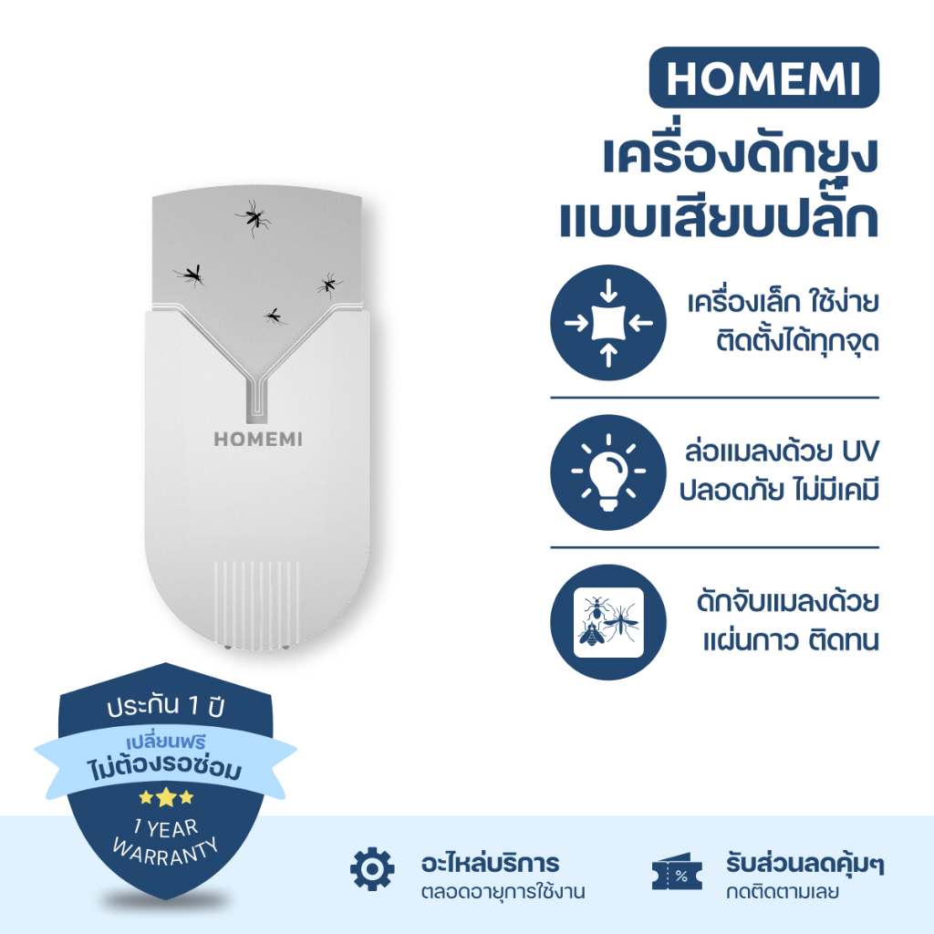 Homemi เครื่องดักยุงและแมลงแบบปลั๊กอิน ใช้งานง่ายเพียงแค่เสียบปลั๊ก ระบบแสง UV (HM0009-P-WH)