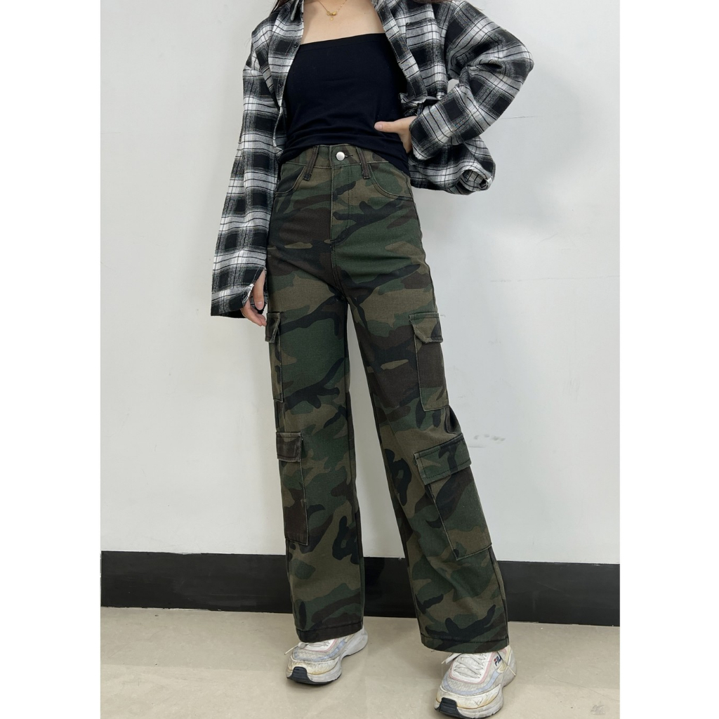 COCOA Jeans-ชุดหลวมลายพรางย้อนยุคอเมริกันสำหรับผู้หญิงฮิปฮอปถนนสูงหลวมตรงกางเกงขายาวลำลองอินเทรนด์