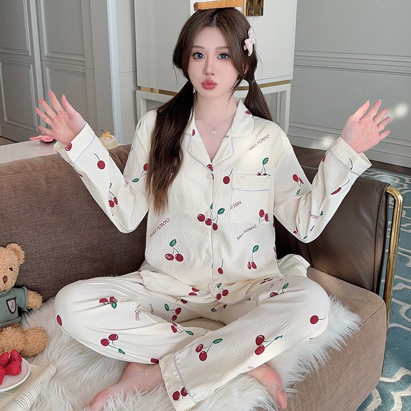 ชุดนอน ลายเชอร์รี่แขนยาว+ขาวยาว ผ้าไหมญี่ปุ่นนิ่มสวมใส่สบาย