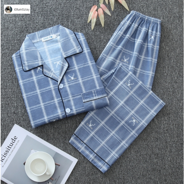[ราคาถูกที่สุด]ชุดนอนผู้ชาย ชุดนอนผ้าฝ้ายสไตล์เกาหลีใต้ เสื้อยืดแขนยาว + กางเกงขายาว M-3XL