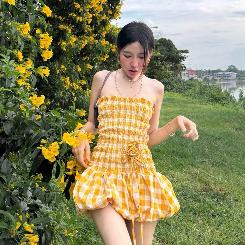 งานป้าย suwimol เกาะอกมินิเดรส บอลลูน สก้อตสีเหลือง เปลือกข้าว