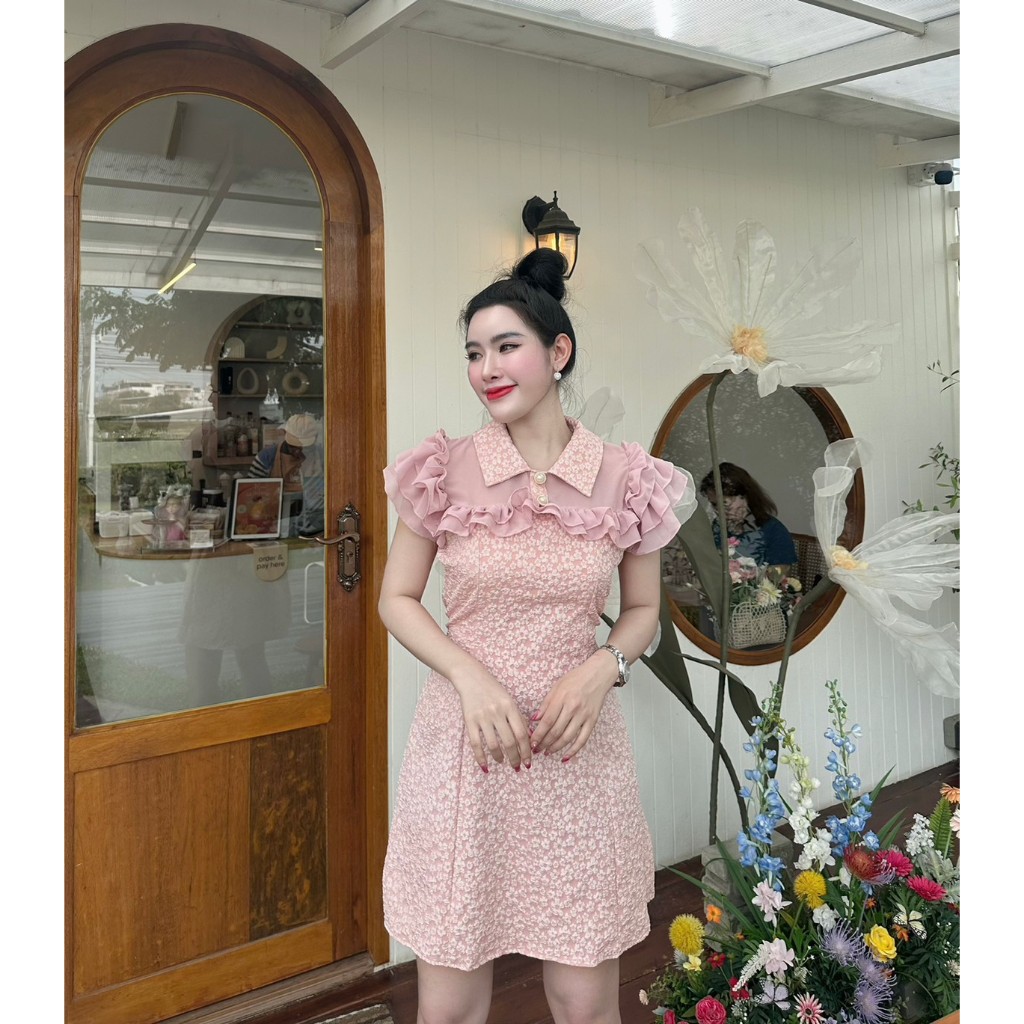 สินค้าพร้อมส่ง เดรสผ้าลัคชู แต่งระบายชีฟอง มีเชือกผูกเอว (B1 ชั้น 2) A1423