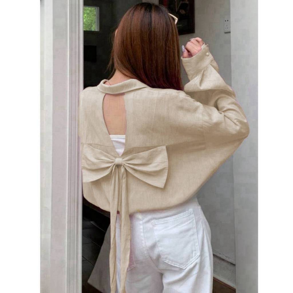สินค้าพร้อมส่ง เสื้อเชิ้ต รุ่นฮิต ผ่าวีหลังแต่งโบว์ ทรงหน้าสั้นหลังยาว ผ้าฝ้ายอย่างดี ใส่สบาย A5116