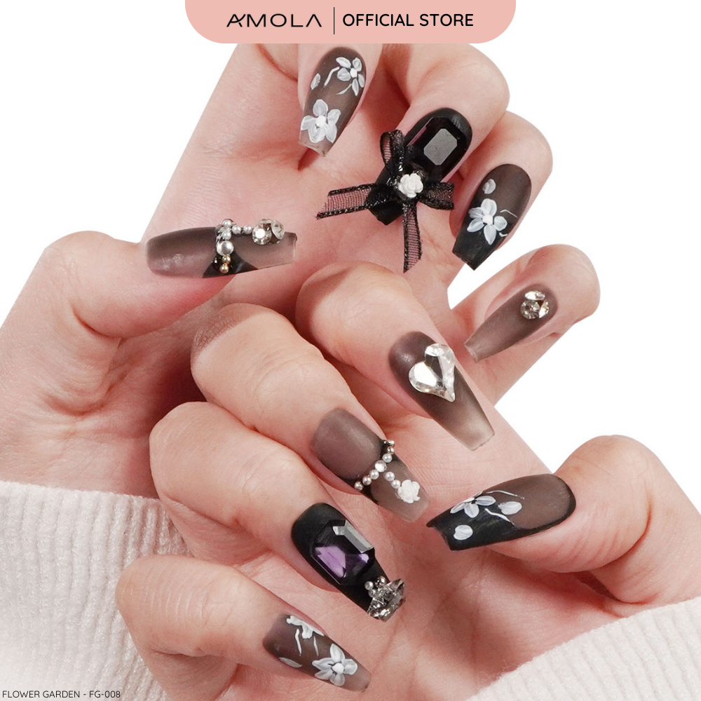 [รับประกันตลอดชีพ] FG-008 AMOLA Flower Garden - เล็บแปะสำเร็จรูป Handmade 100% แถมฟรีเซ็ทติดเล็บ พร้