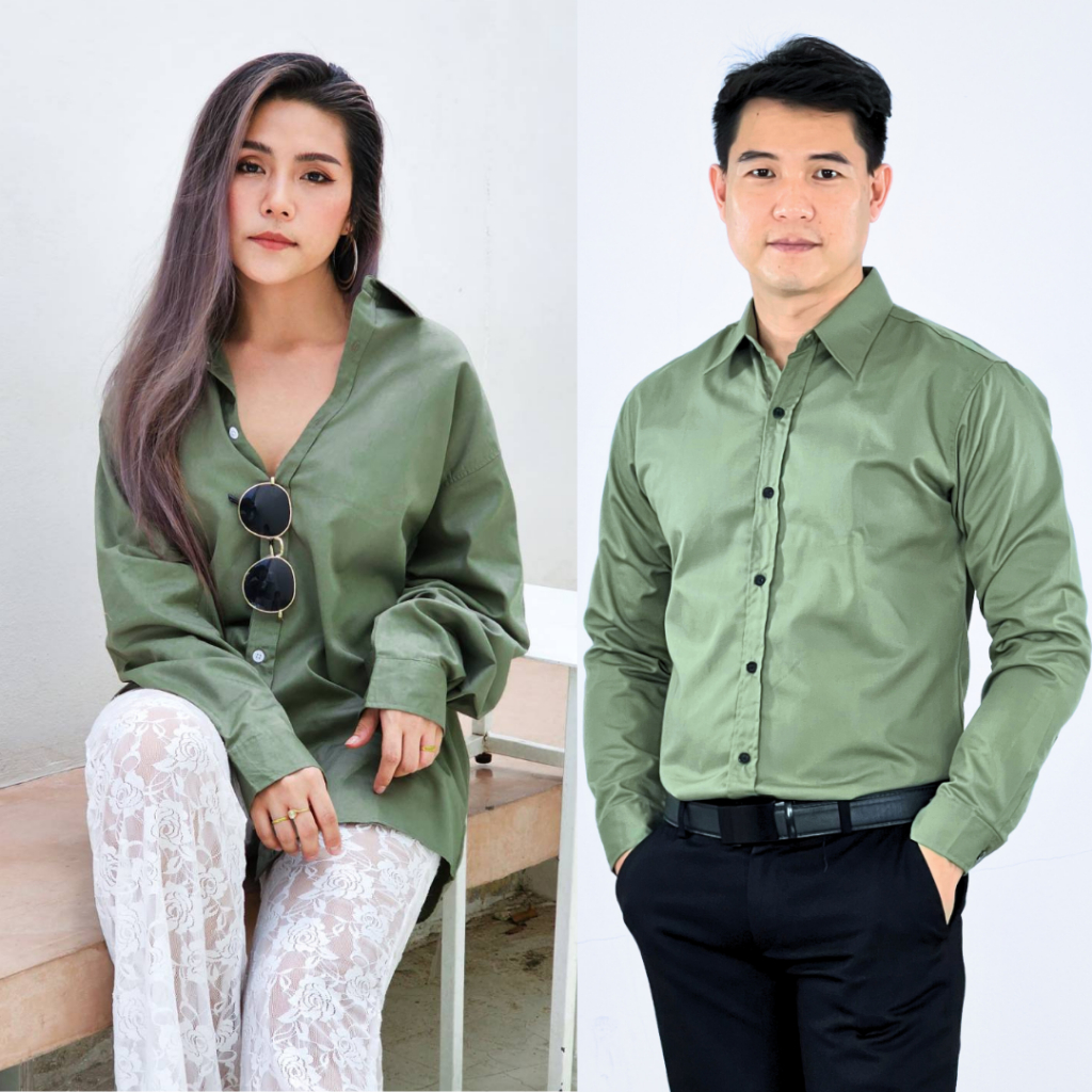 takayay brand เสื้อเชิ้ต สีเขียวโอลีฟเบสิค 36-54 นิ้ว เสื้อเชิ้ตสีเขียว ผ้าคอตตอนทวิล