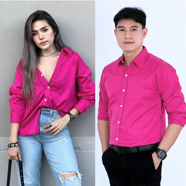 takayay brand เสื้อเชิ๊ต สีช็อคกี้พิ้งค์ **เช็คขนาดจากตางรางไซซ์ของทางร้านเท่านั้น** เสื้อเชิ้ตสีสด ผ้าคอตตอนทวิล เสื้อเ
