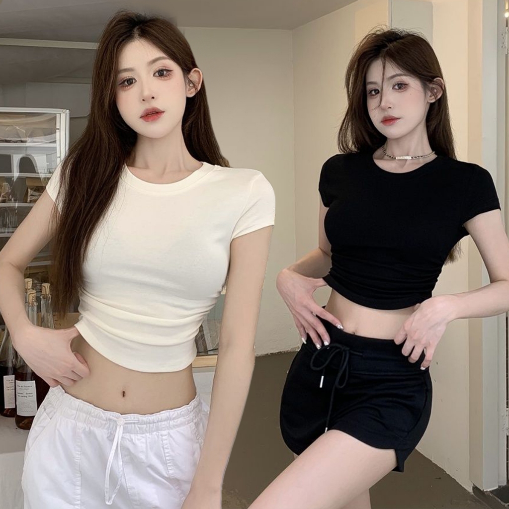 เสื้อครอป เสื้อยืดครอป เก็บพุง เข้ากับทุกสไตล์ได้ ชายโค้ง คอกลม #020267