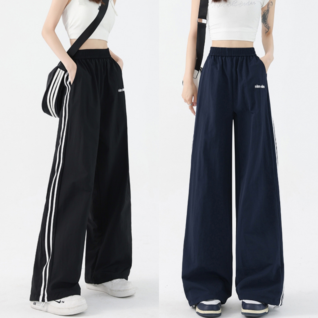 Beryl 🌻 กางเกง ชุดเอี๊ยม👖กางเกงลำลองสตรีตัดต่อสีตัดกันลายทาง เอวสูง ผอมเพรียว หลวมและเดรป ขาตรง ปกปิดเนื้อ กางเกงลดอายุ