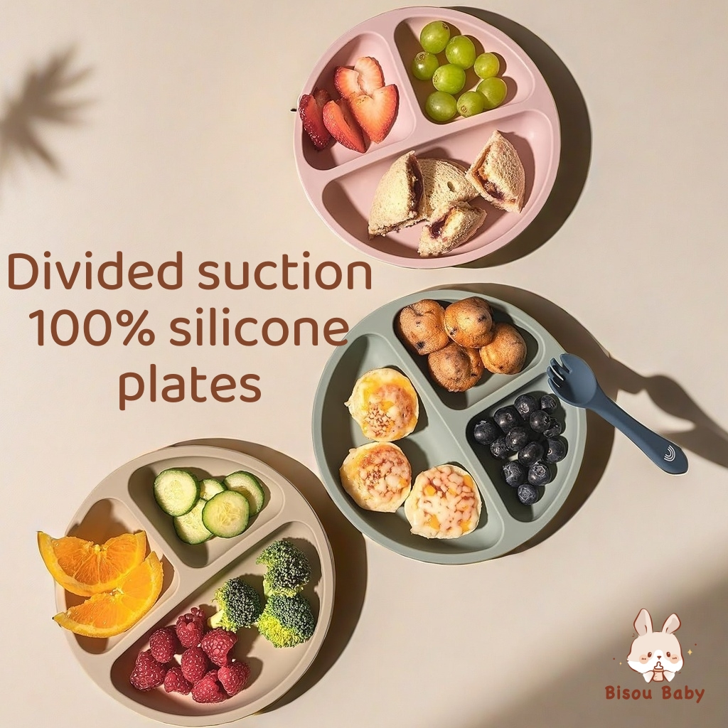 จานซิลิโคนด็ก จานข้าวซิลิโคน จานซิลิโคนดูด แบ่ง 3 ช่อง รุ่น BLW Self feed คุณภาพสูง ดูดแน่น ปลอดภัย 