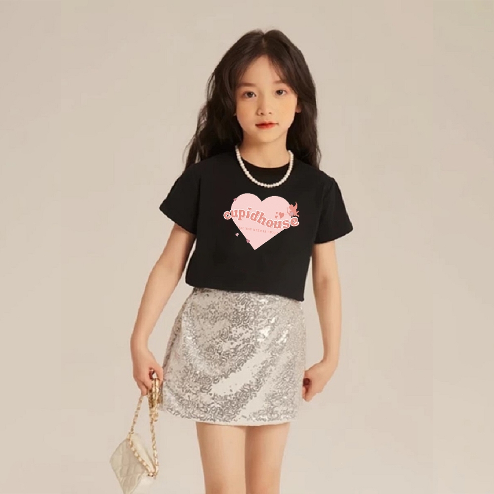Yout-children แขนสั้น สีชมพู หัวใจ ตัวอักษร พิมพ์ คอกลม แขนสั้น t shirt oversize ชุดเซ็ทเด็กผู้หญิง สีดำ