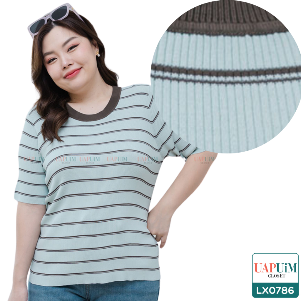 (LX0786)เสื้อแขนสั้นสาวอวบไอเท็มสุดฮิตที่ห้ามพลาด! กับเสื้อยืดลายขวาง คอกลม ดีไซน์เรียบง่าย แต่ไม่ธรรมดา