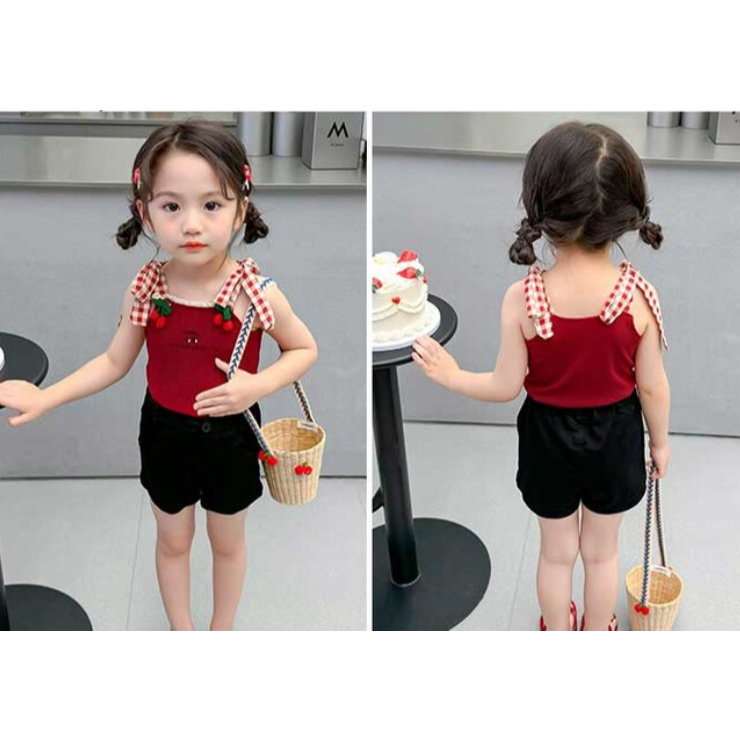 Little Piglet 🐷 พร้อมส่ง ชุดเซ็ต เสื้อสายเดี่ยว กางเกงขาสั้น ขายาว สีแดง ลายสก๊อต น่ารัก เด็กผู้หญิง - รูปที่ 6