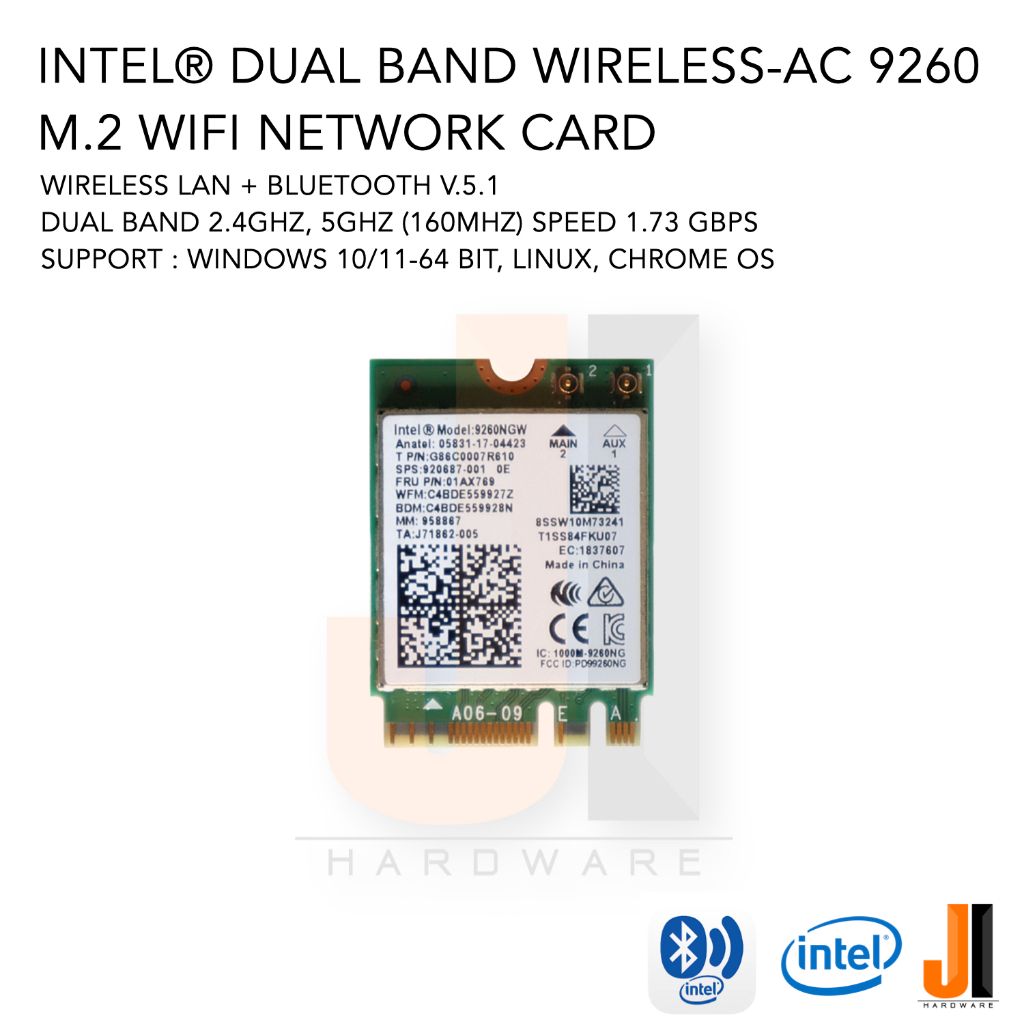 Intel® Wireless-AC 9260 NGW M.2 wireless Card + bluetooth v.5.1 dual band 2.4Ghz, 5Ghz (ของใหม่มีการ