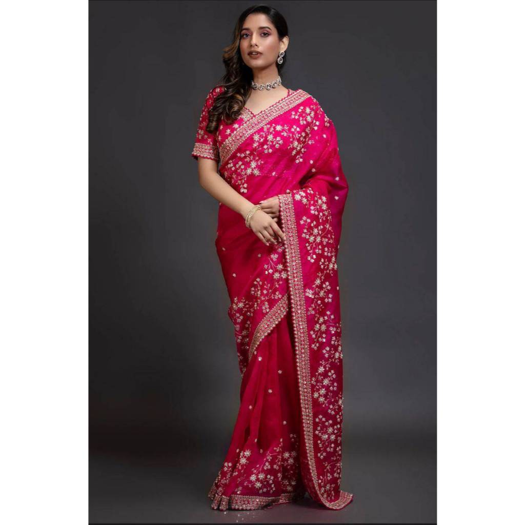 Saree:Pure organza fabric sarees with thread & seqnce work & touch silver zari in all over sarees wi