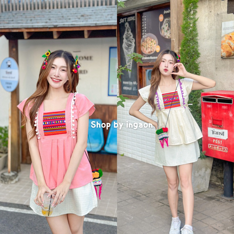 เสื้อพิ้นเมือง เสื้อดอย(รุ่นเเต่งปอม)ผ้านิ่ม มีขนาดฟรีไซส์-บิ๊กไซส์