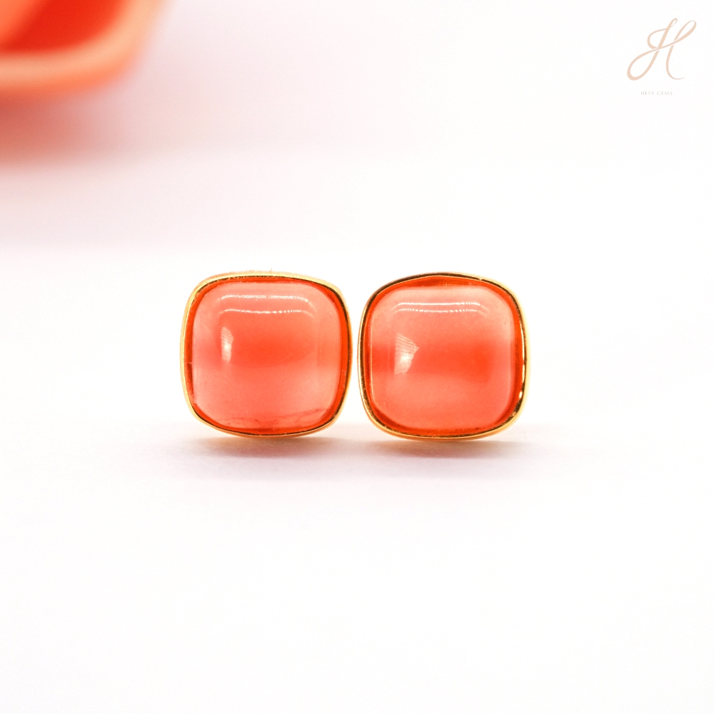 ต่างหูโอปอลส้ม ชุบYG 6mm Earring Opal Stud 6*6mm