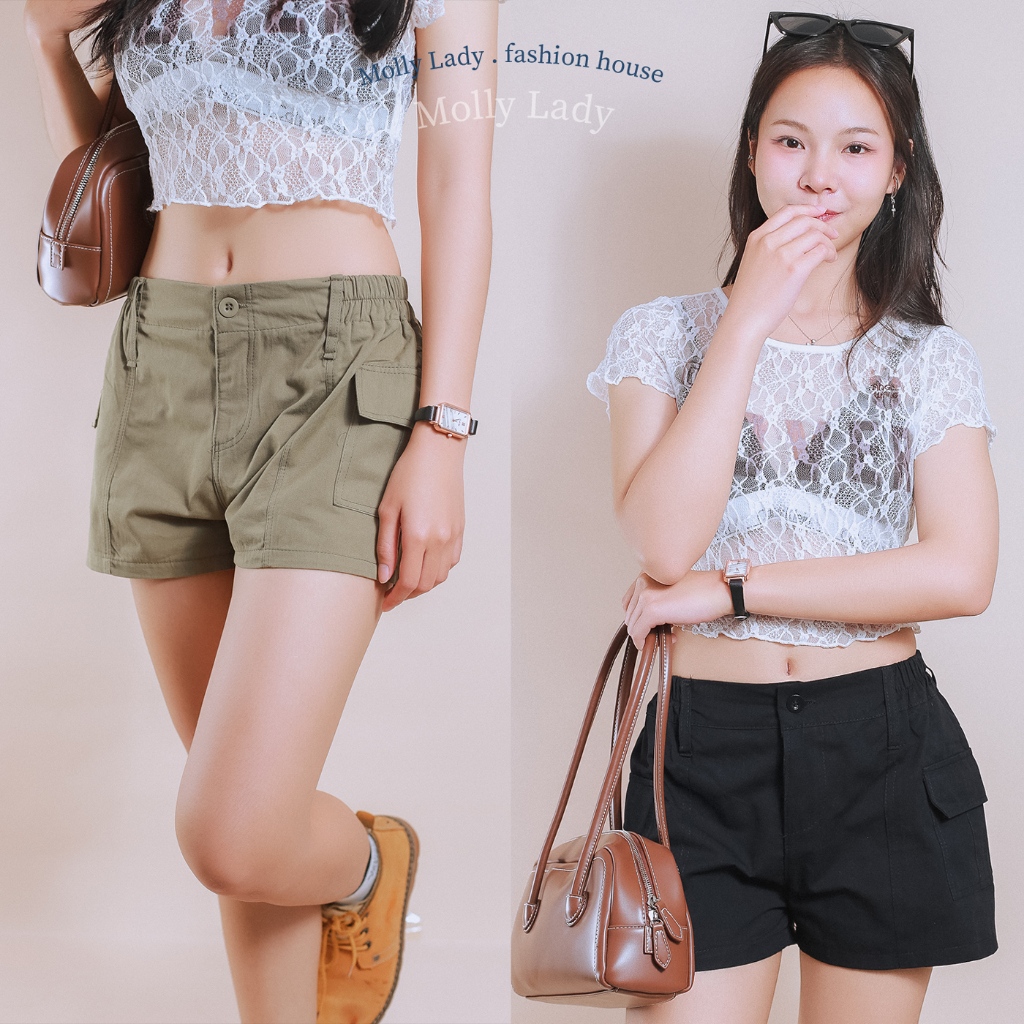 Molly Lady❤️ กางเกงคาโก้ ขาสั้น เอวยางยืด สำหรับผู้หญิง Women's Cargo Shorts with Elasticate