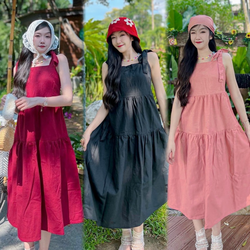 เดรสสายผูกขนมชั้น เดรสส่ยเดี่ยวสีพื้น เดรสขนมชั้นสมอคหลัง