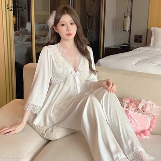 Sexy Charm💐💐เสื้อผ้าที่บ้าน ชุดนอนผ้าซาตินสีพื้น กางเกงยาว ชุดสองชิ้น คอวีลึก ลูกไม้เซ็กซี่