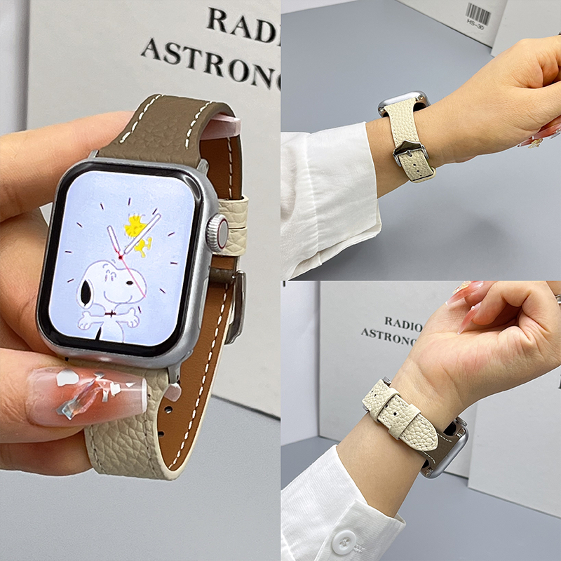 สายหนังใหม่ iWatch 10 9 8 7 6 5 4 SE 3 2 1 สีทึบการจับคู่สีสาย ultra 49mm46mm45mm44mm42mm40mm41mm38mm