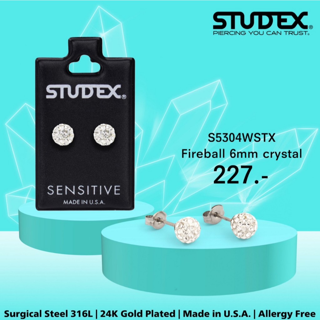 STUDEX S5304W ต่างหูสำหรับหูแพ้ง่าย FIREBALL 6MM CRYSTAL
