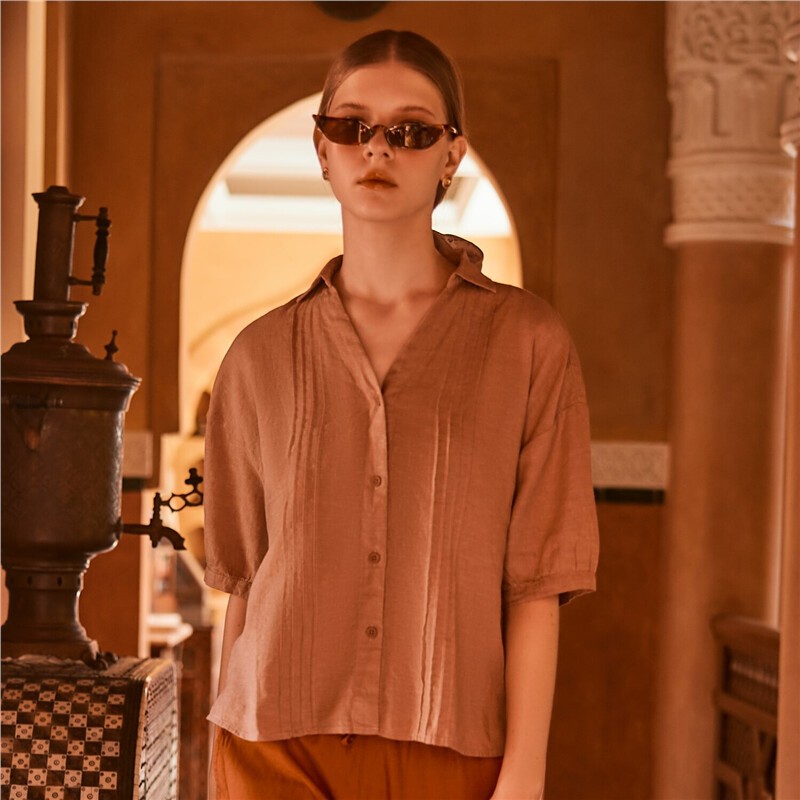 GIORDANO เสื้อเชิ้ต ผู้หญิง Women's V-Neck Poplin Linen Shirt 05344209