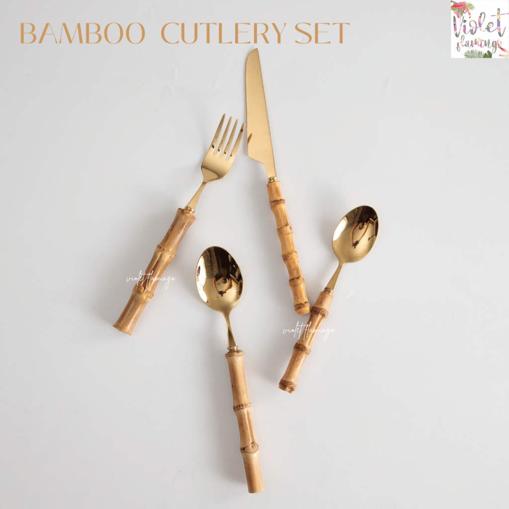 Violet Flamingo ชุดช้อนส้อมมีดและช้อนขนม รุ่น Bamboo Cutlery Set วัสดุสแตนเลส 304 อย่างดี ด้ามจับไม้ไผ่