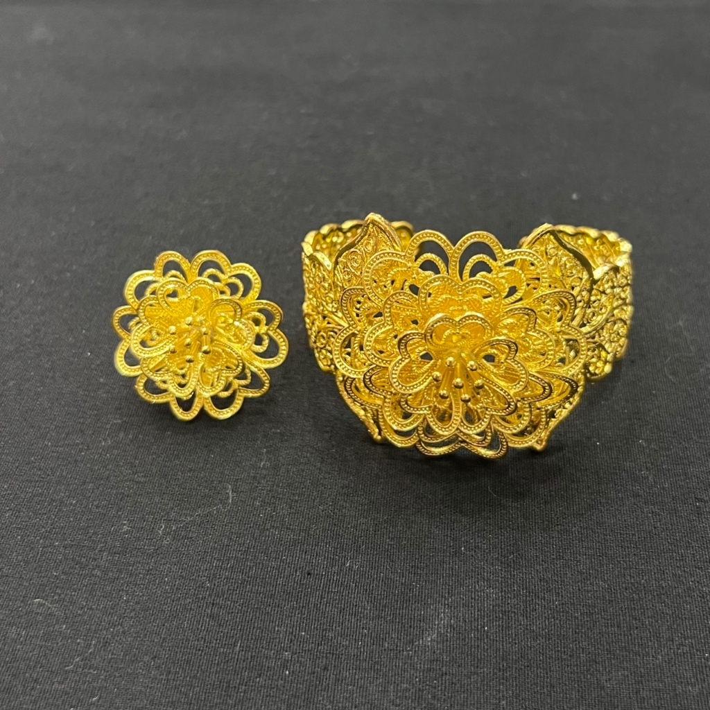 Accessories กำไลดอกไม้ สร้อยข้อมือ+แหวน ทอง+รมดําโบราณกลีบกุหลาบ เครื่องประดับชุดไทย