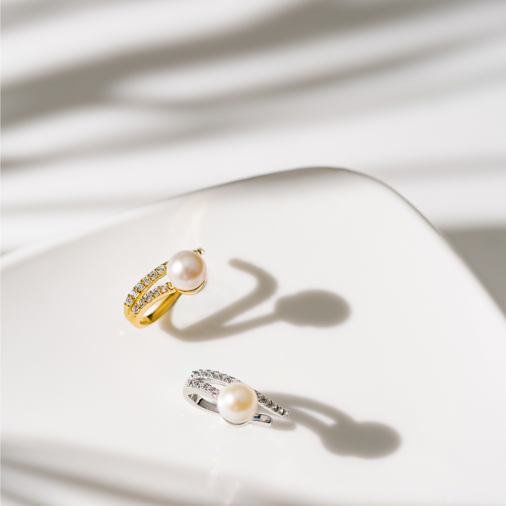 Ar-Kang Collection AKEC445/446 Ear Cuff เอียคัพเงินแท้ ประดับ White Pearl, White CZ 5A (Silver 92.5%