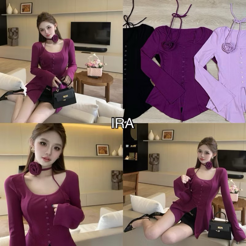 BY IRA (2386) Tube Top เสื้อยืดแขนยาวผู้หญิงแต่งสายฝอคอยูแฟชั่น ดีเทลโบว์ดอกไม้ สุดเเซ่บ น่ารักไม่ไหว พร้อมส่งค้า🥰😛