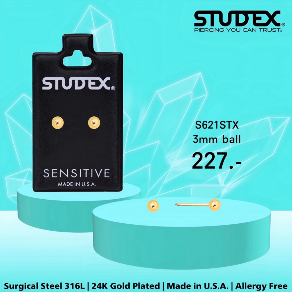STUDEX S621STX ต่างหูแฟชั่นสำหรับหูแพ้ง่าย เคลือบทอง 24K 3MM BALL