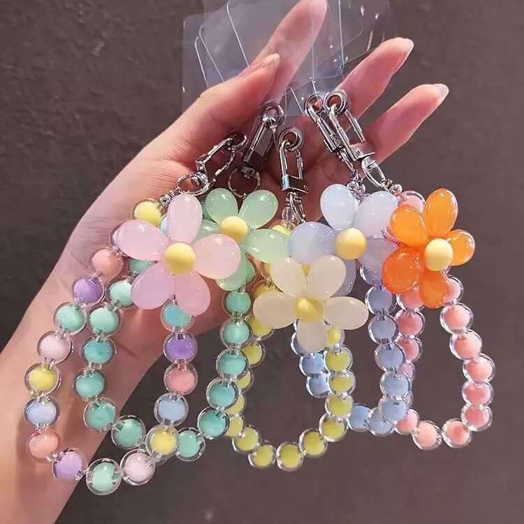 สายคล้องโทรศัพท์ ห่วงโซ่โทรศัพท์มือถือลูกปัด ดอกไม้ลูกปัดโซ่ใสขนมกรณีหูฟังกระเป๋าจี้