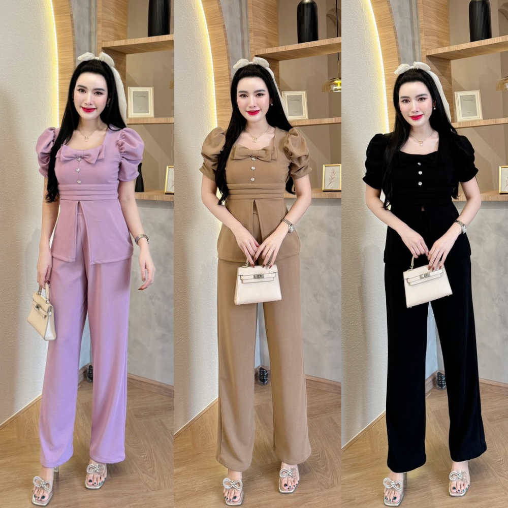 สินค้าพร้อมส่ง ชุดเซตผ้าวูลเวฟ เสื้อทรงยาวแขนจีบย่นแต่งกระดุมเพชรโบว์หน้าผ่าหน้าสม็อคหลัง+กางเกงเอวเรียบสม๊อคหลัง