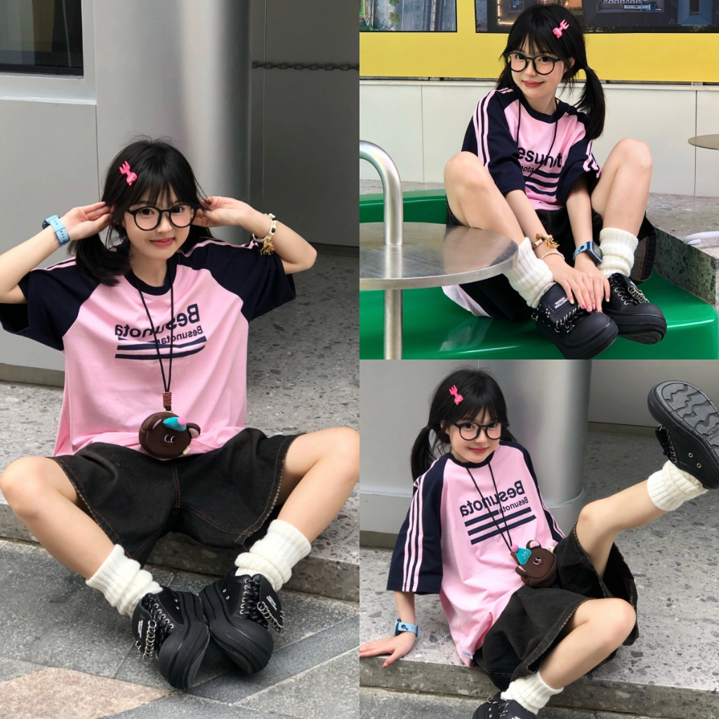 Beryl 🌻 สไตล์อเมริกันประกบสีตัดกันแขนสั้นของผู้หญิงฤดูร้อนปี ใหม่เสื้อยืดหลวมและสะดวกสบาย